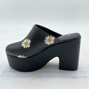 YDN Black Daisy Block Heel Mules Cozy Platform Sandals Closed Toe Slip On Shoes